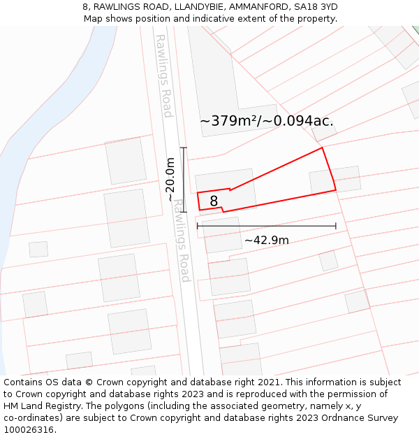 8, RAWLINGS ROAD, LLANDYBIE, AMMANFORD, SA18 3YD: Plot and title map
