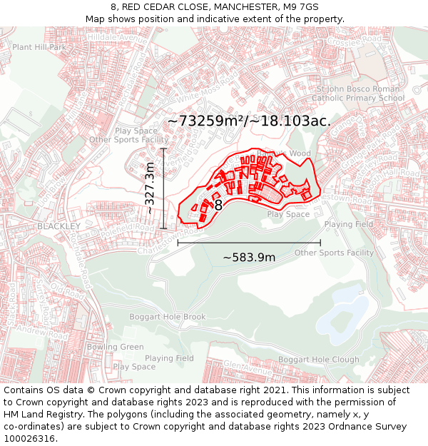 8, RED CEDAR CLOSE, MANCHESTER, M9 7GS: Plot and title map