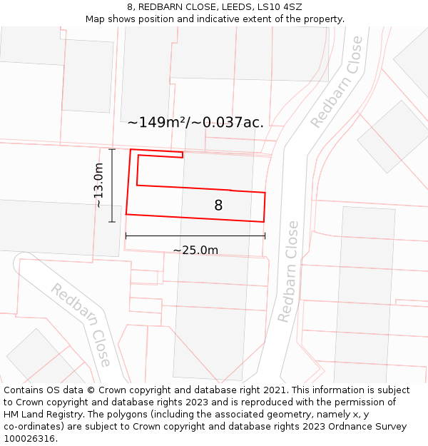 8, REDBARN CLOSE, LEEDS, LS10 4SZ: Plot and title map