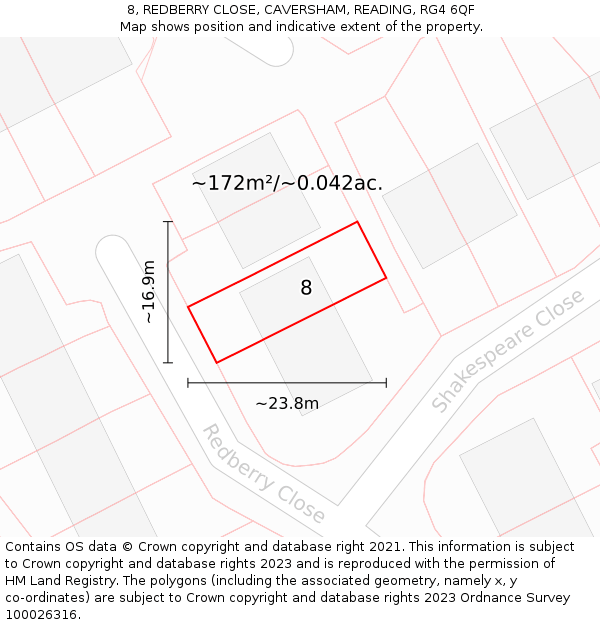 8, REDBERRY CLOSE, CAVERSHAM, READING, RG4 6QF: Plot and title map
