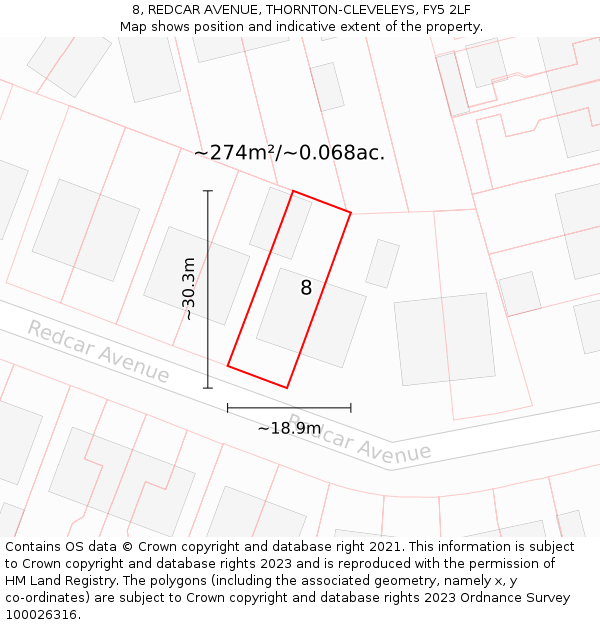 8, REDCAR AVENUE, THORNTON-CLEVELEYS, FY5 2LF: Plot and title map
