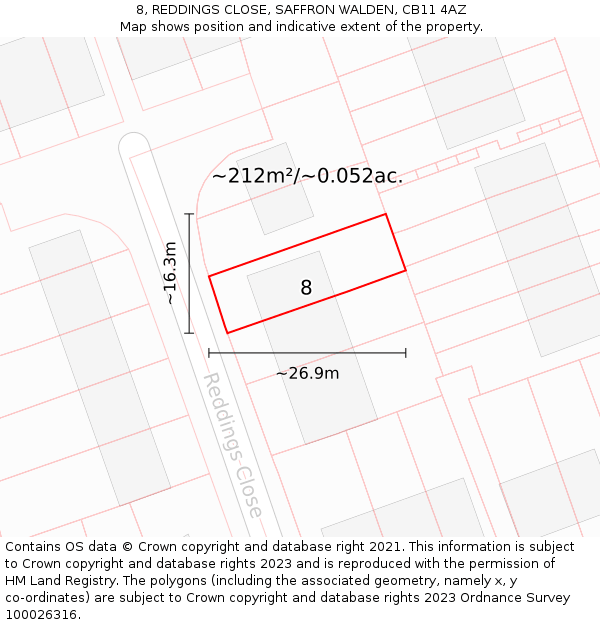 8, REDDINGS CLOSE, SAFFRON WALDEN, CB11 4AZ: Plot and title map