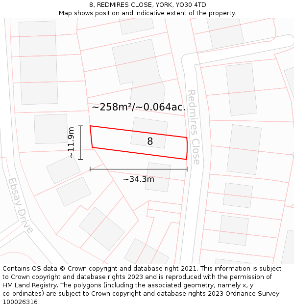 8, REDMIRES CLOSE, YORK, YO30 4TD: Plot and title map