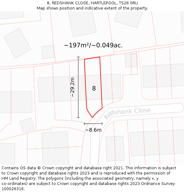 8, REDSHANK CLOSE, HARTLEPOOL, TS26 0RU: Plot and title map