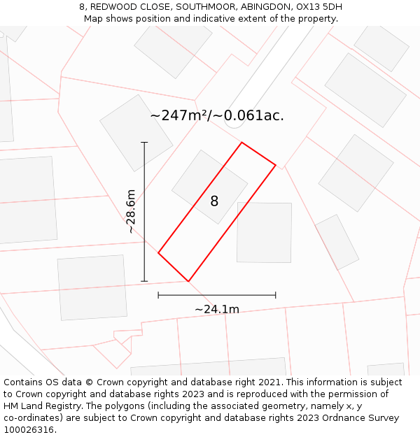 8, REDWOOD CLOSE, SOUTHMOOR, ABINGDON, OX13 5DH: Plot and title map