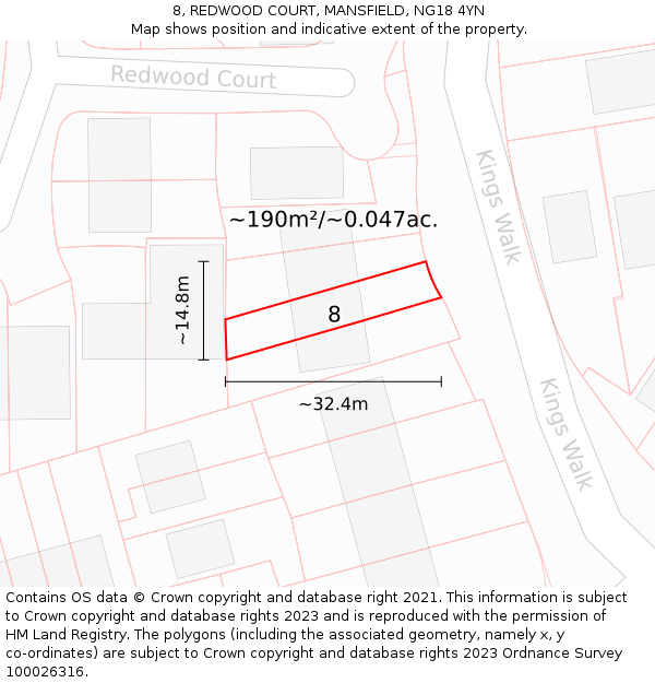 8, REDWOOD COURT, MANSFIELD, NG18 4YN: Plot and title map
