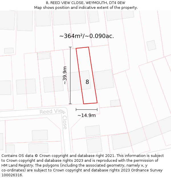 8, REED VIEW CLOSE, WEYMOUTH, DT4 0EW: Plot and title map