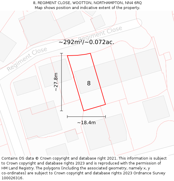 8, REGIMENT CLOSE, WOOTTON, NORTHAMPTON, NN4 6RQ: Plot and title map