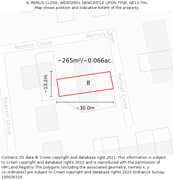 8, REMUS CLOSE, WIDEOPEN, NEWCASTLE UPON TYNE, NE13 7HL: Plot and title map