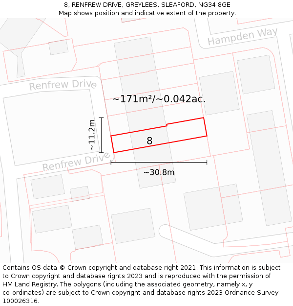 8, RENFREW DRIVE, GREYLEES, SLEAFORD, NG34 8GE: Plot and title map