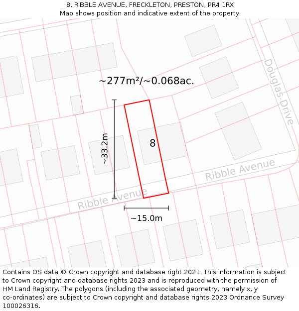 8, RIBBLE AVENUE, FRECKLETON, PRESTON, PR4 1RX: Plot and title map