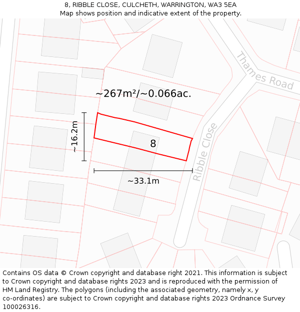 8, RIBBLE CLOSE, CULCHETH, WARRINGTON, WA3 5EA: Plot and title map
