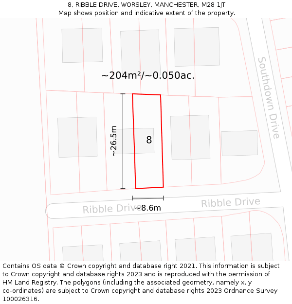 8, RIBBLE DRIVE, WORSLEY, MANCHESTER, M28 1JT: Plot and title map