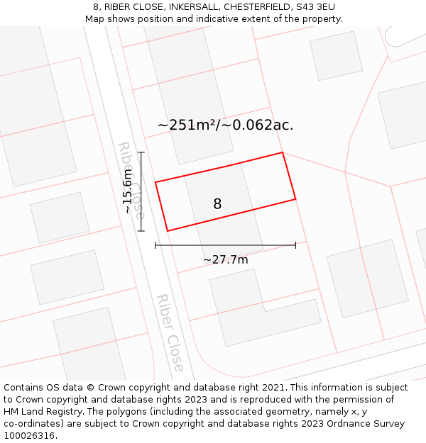 8, RIBER CLOSE, INKERSALL, CHESTERFIELD, S43 3EU: Plot and title map