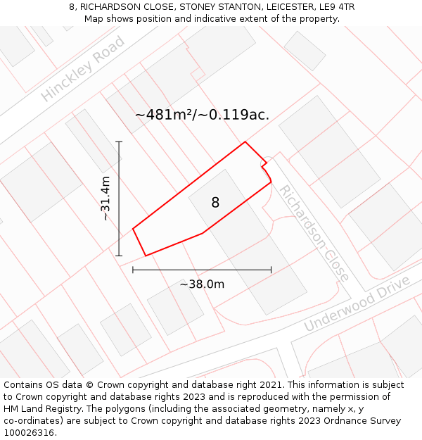 8, RICHARDSON CLOSE, STONEY STANTON, LEICESTER, LE9 4TR: Plot and title map