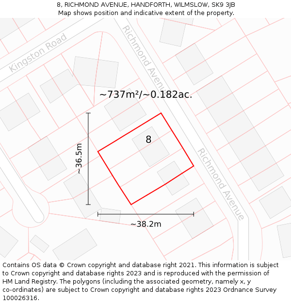 8, RICHMOND AVENUE, HANDFORTH, WILMSLOW, SK9 3JB: Plot and title map