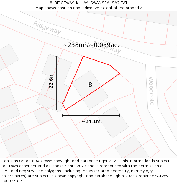 8, RIDGEWAY, KILLAY, SWANSEA, SA2 7AT: Plot and title map