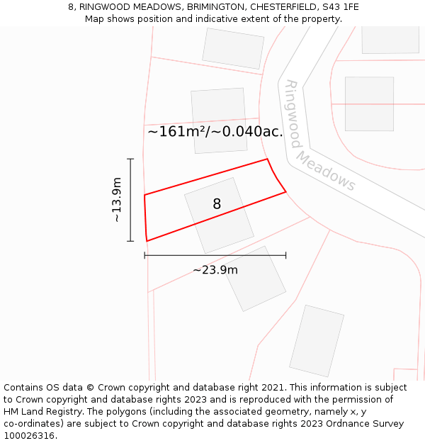 8, RINGWOOD MEADOWS, BRIMINGTON, CHESTERFIELD, S43 1FE: Plot and title map