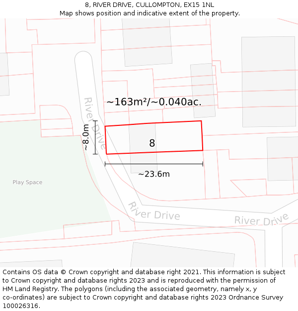 8, RIVER DRIVE, CULLOMPTON, EX15 1NL: Plot and title map