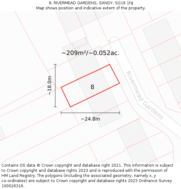 8, RIVERMEAD GARDENS, SANDY, SG19 1NJ: Plot and title map