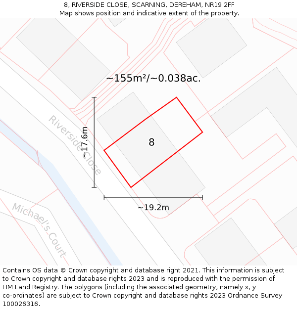 8, RIVERSIDE CLOSE, SCARNING, DEREHAM, NR19 2FF: Plot and title map