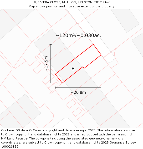 8, RIVIERA CLOSE, MULLION, HELSTON, TR12 7AW: Plot and title map