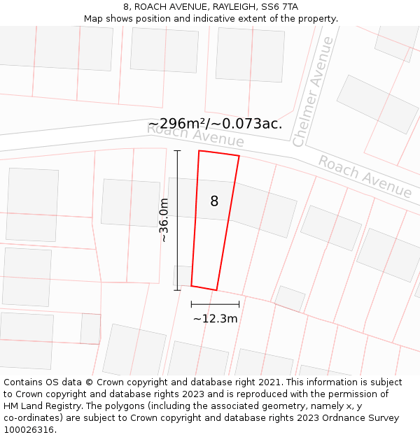 8, ROACH AVENUE, RAYLEIGH, SS6 7TA: Plot and title map