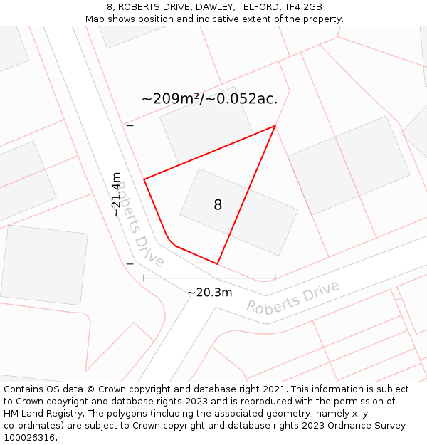8, ROBERTS DRIVE, DAWLEY, TELFORD, TF4 2GB: Plot and title map