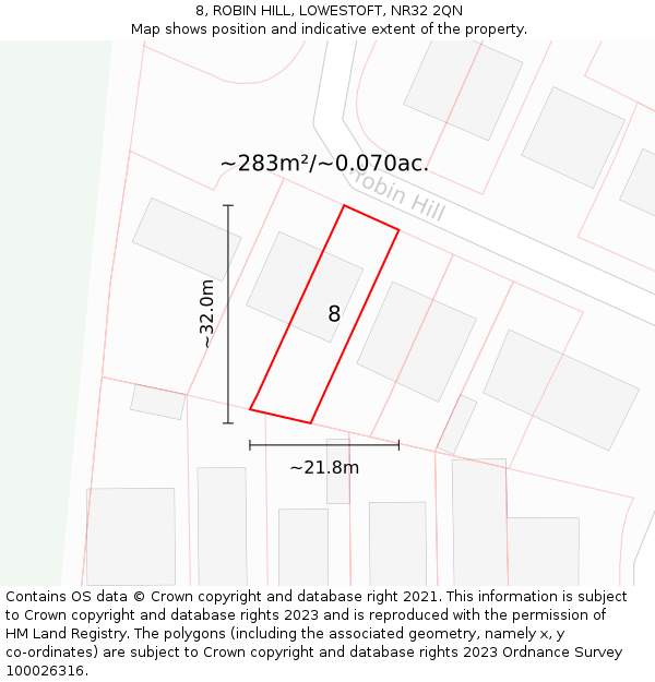 8, ROBIN HILL, LOWESTOFT, NR32 2QN: Plot and title map