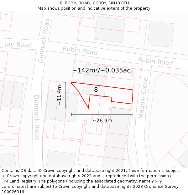 8, ROBIN ROAD, CORBY, NN18 8FH: Plot and title map