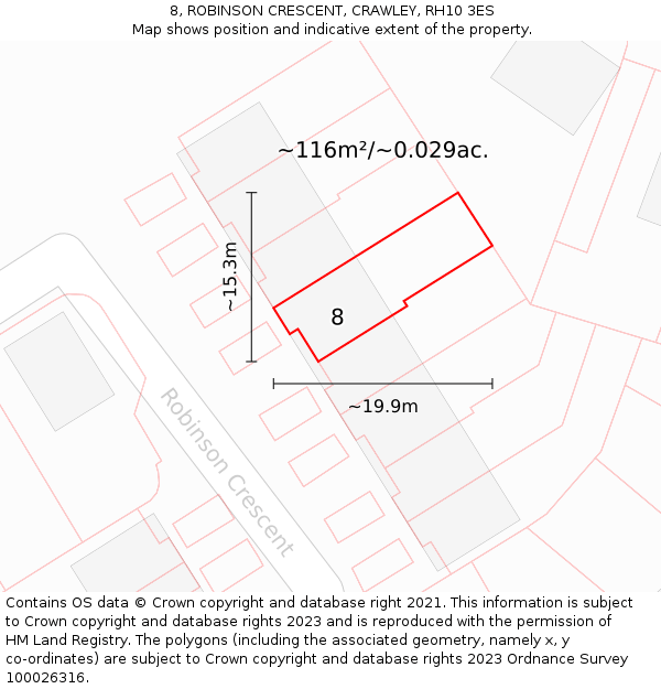 8, ROBINSON CRESCENT, CRAWLEY, RH10 3ES: Plot and title map
