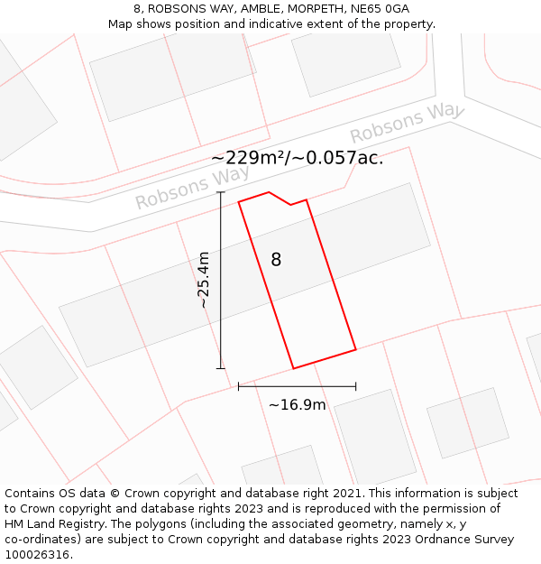 8, ROBSONS WAY, AMBLE, MORPETH, NE65 0GA: Plot and title map