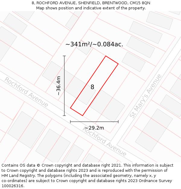 8, ROCHFORD AVENUE, SHENFIELD, BRENTWOOD, CM15 8QN: Plot and title map