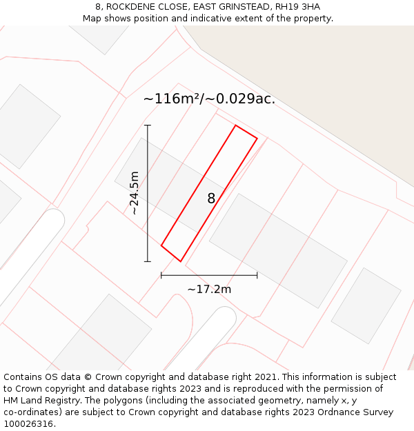 8, ROCKDENE CLOSE, EAST GRINSTEAD, RH19 3HA: Plot and title map