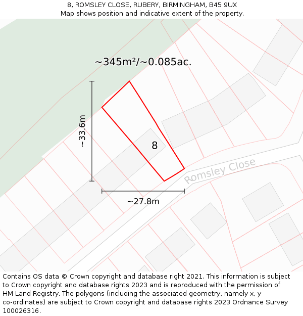 8, ROMSLEY CLOSE, RUBERY, BIRMINGHAM, B45 9UX: Plot and title map