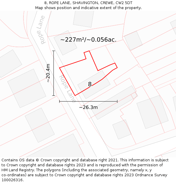 8, ROPE LANE, SHAVINGTON, CREWE, CW2 5DT: Plot and title map