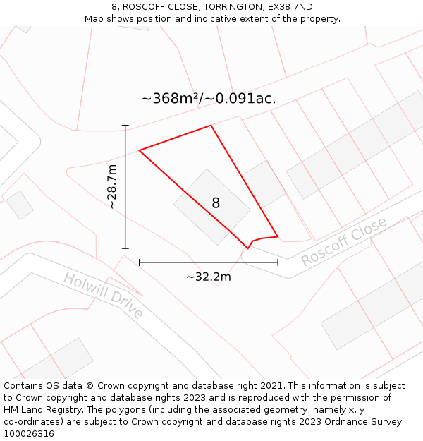 8, ROSCOFF CLOSE, TORRINGTON, EX38 7ND: Plot and title map
