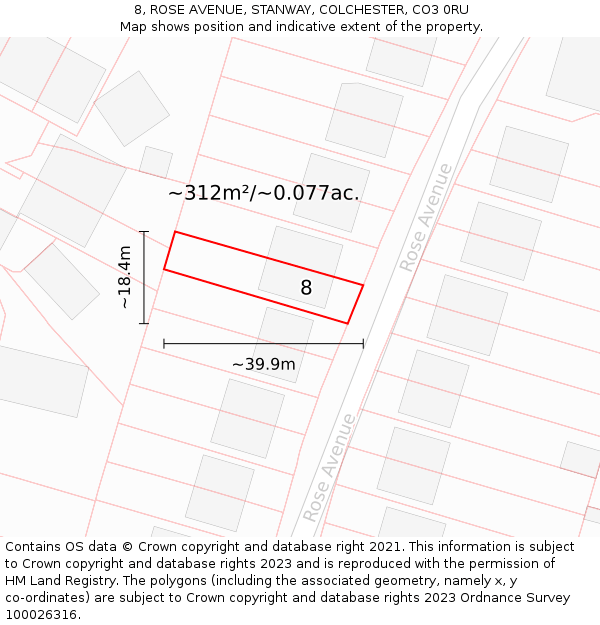 8, ROSE AVENUE, STANWAY, COLCHESTER, CO3 0RU: Plot and title map