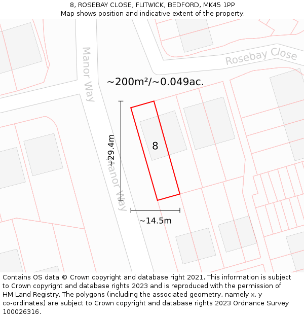 8, ROSEBAY CLOSE, FLITWICK, BEDFORD, MK45 1PP: Plot and title map