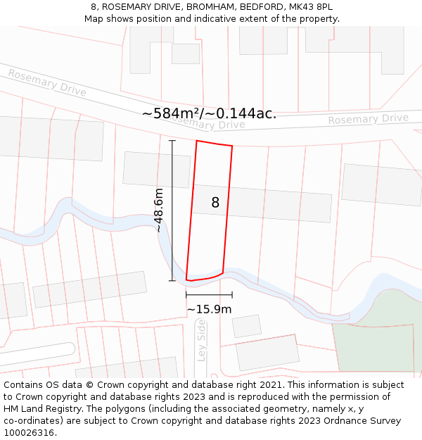 8, ROSEMARY DRIVE, BROMHAM, BEDFORD, MK43 8PL: Plot and title map