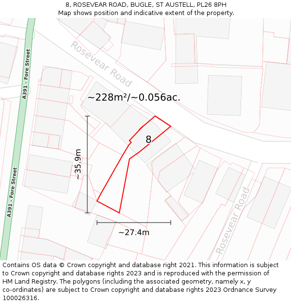 8, ROSEVEAR ROAD, BUGLE, ST AUSTELL, PL26 8PH: Plot and title map
