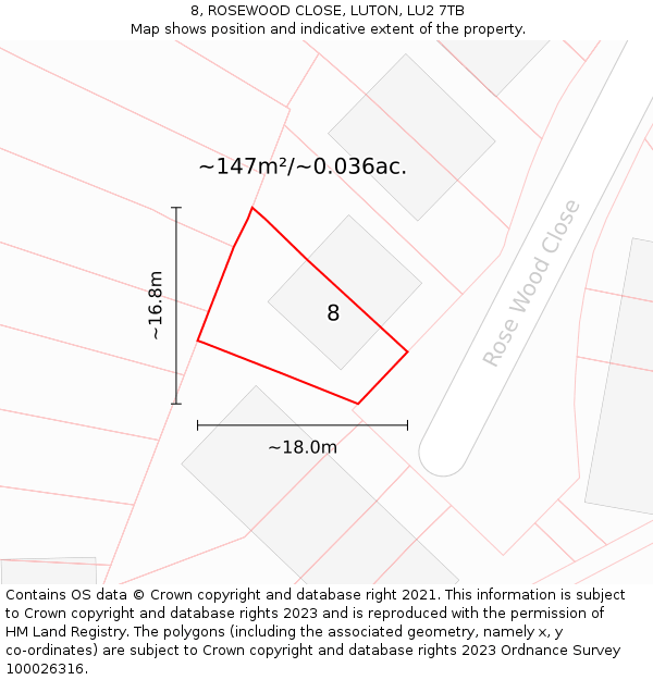 8, ROSEWOOD CLOSE, LUTON, LU2 7TB: Plot and title map