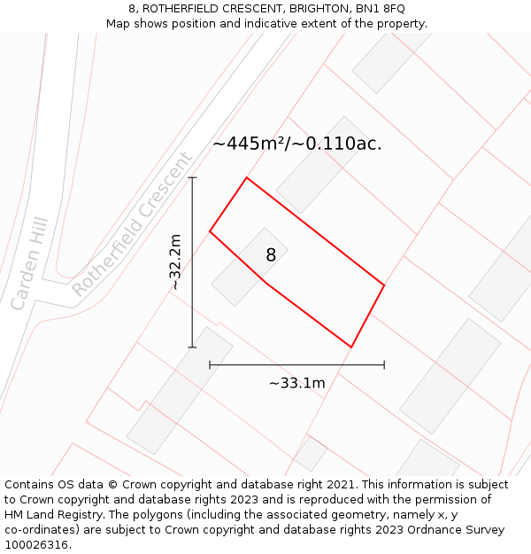8, ROTHERFIELD CRESCENT, BRIGHTON, BN1 8FQ: Plot and title map
