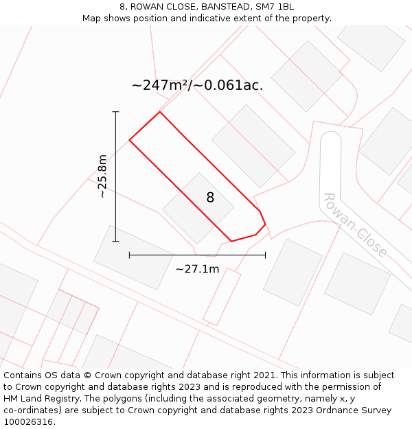 8, ROWAN CLOSE, BANSTEAD, SM7 1BL: Plot and title map