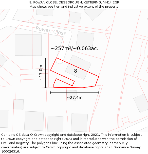 8, ROWAN CLOSE, DESBOROUGH, KETTERING, NN14 2GP: Plot and title map