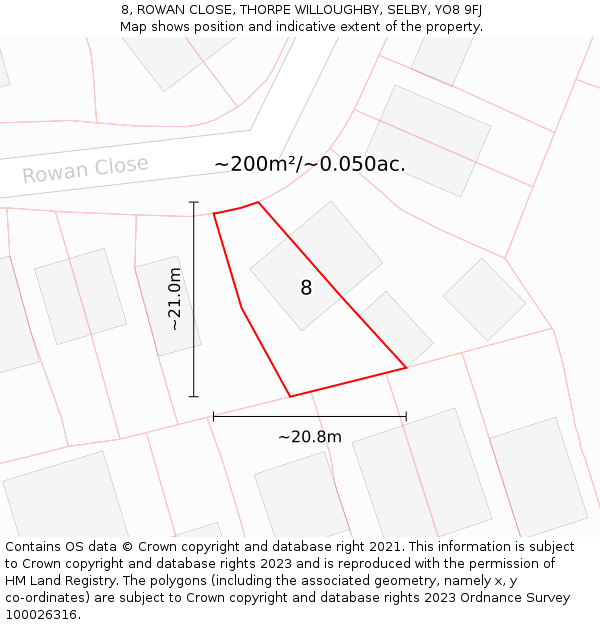 8, ROWAN CLOSE, THORPE WILLOUGHBY, SELBY, YO8 9FJ: Plot and title map
