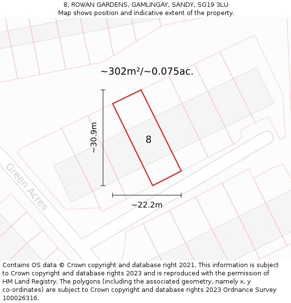 8, ROWAN GARDENS, GAMLINGAY, SANDY, SG19 3LU: Plot and title map