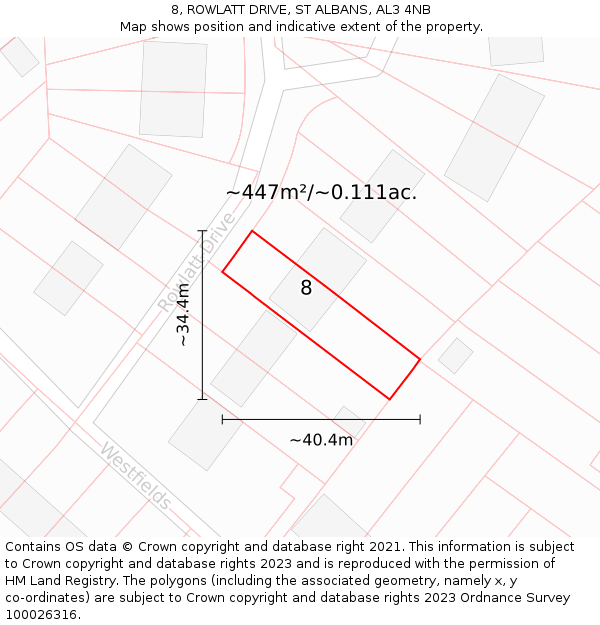 8, ROWLATT DRIVE, ST ALBANS, AL3 4NB: Plot and title map