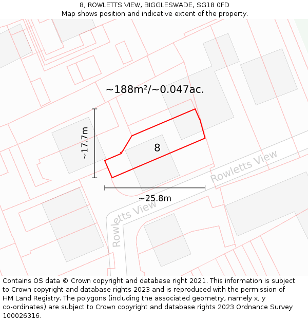 8, ROWLETTS VIEW, BIGGLESWADE, SG18 0FD: Plot and title map