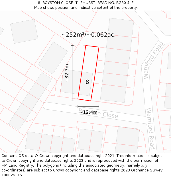 8, ROYSTON CLOSE, TILEHURST, READING, RG30 4LE: Plot and title map